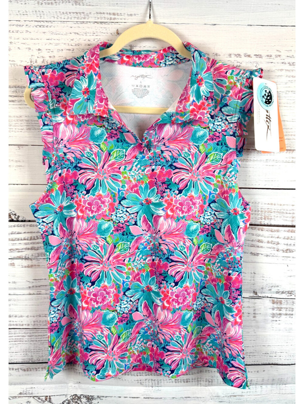 GOTTEX Floral Haven sleeveless polo golf tennis sun protection top L NWT